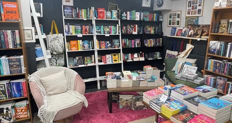 Pink seat with white rug and cushion surrounded by shelves and tables with books