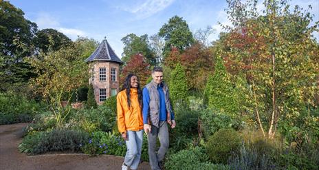 A couple walking on a garden path with lots of trees and other plants.