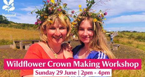Mother and daughter wearing colourful wildflower crowns in a wildflower meadow close to the Giant's Causeway