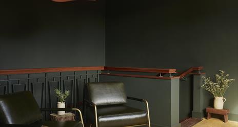 interior of Yarn: 2 lounge chairs and walls painted a dark green