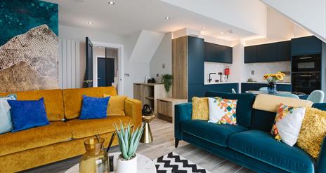 interior of open plan kitchen, dining and living area at DB Stays 'The Lookout'