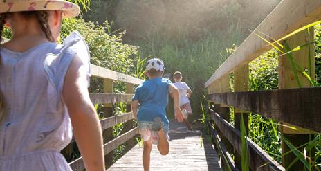 Children running across a bridge in the summer sun at the wetlands.