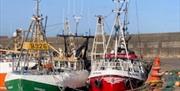 Fishing boats are moored at the harbour.