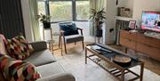 Living room with sofa, chair, coffee table, TV and a large window decorated with plants.