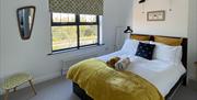 Double bedroom with a large window, mirror and a stool.