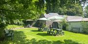 A garden area with picnic tables, umbrellas and benches.