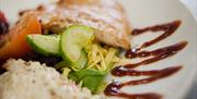 A close up of a fish dish with tomato, cucumber, coleslaw and a drizzle of sauce.