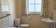 Picture of bathroom showing velux window, toilet, shower and the edge of the sink