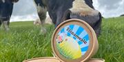 Image shows cartons of ice-cream with a cow in a field nudging one of the cartons