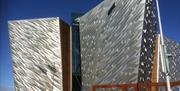 An exterior picture of the Titanic Museum in Belfast.