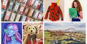 grid of 6 images showing products made by Midtown Makers members, including wax melts, child's fleece jacket, illustrated book, painting of fairy woma