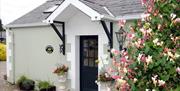 Images shows front door of cottage with hedge and flowers to the left of it.