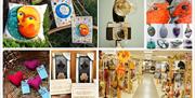 grid of 6 images of Midtown Makers Members work, including painted cushion with sun and moon, camera upcycled to lamp, painting of 2 robins, wire wrap