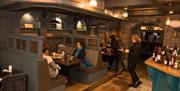 Cosy interior of Helena's Coffee Shop and Bistro featuring wooden booths, soft lighting, and a rustic stone archway. Diners enjoy meals while servers