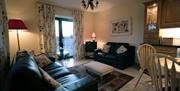 A cosy living room with two sofas and patterned curtains