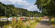 Families on a riverside path with many docked boats.