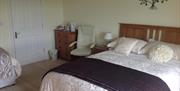 A large bedroom with two beds, a bedside table, a chair and a chest of drawers.