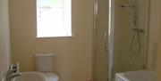 A bathroom with a sink, toilet, walk-in shower and a bath.