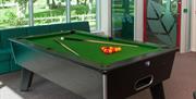 A games room with a pool table and sofa.