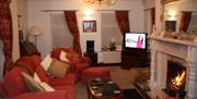 A lounge with a red suite, coffee table, lit fireplace and a TV.