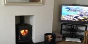 living space with TV and wood-burning stove at Bushmills Porthole Cottage