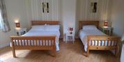 Image shows twin bedroom with wooden flooring, beside tables and lamps