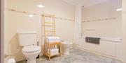 A bathroom with a toilet, bidet and a bath/shower.