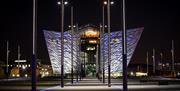 The Titanic Belfast building at night form the historic Titanic Slipways