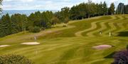 Golfers on the green with woodland and coast in background