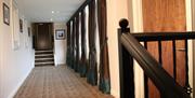 A white hallway with patterned carpet and teal curtains lining one side