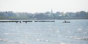 Photo of bathers and a kayaker enjoying the sparkling waters of Ballyholme Beach on a sunny day