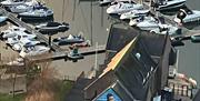 Birds eye view of Bregenz House and Coastguard building beside the marina in Bangor