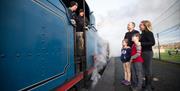 A family of four standing on the platform talking to the driver of a blue steam train