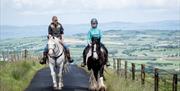 Two riding horses on a narrow road overlooking fields