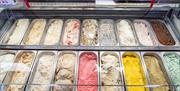 Display of range of various flavours and colours of ice-cream in serving counter