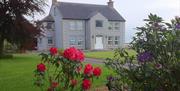 The front of a large grey house behind some colourful flowers.