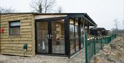 patio doors from lodge to walkway