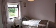 Room with single bed and bedside table and lamp