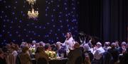 An opera singer performs during a gala dinner, with the audience at round tables watching her sing in the middle of the dining space. The background h