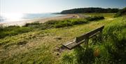 An image of Helen's Bay beach from the shore with a bench ready to welcome someone to sit