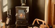 Wood burning stove with fire lit