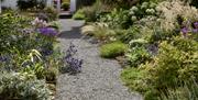 A gravel path leading to a cottage decorated with an abundance of flowers.