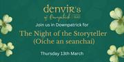 Green background with 4 shamrocks around the side with details of The Night of Storytelling evnet on 13 March detailed.