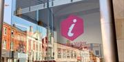 Image is of the window and signage of the Lisburn Visitor Information Centre