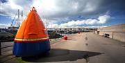 Photo of large orange and navy coloured Life Bouy on display located at the start of the Eisenhower Pier