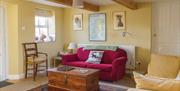 Image shows lounge area with sofas,rug, chest as coffee table and floor lamp