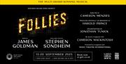A poster for 'Follies' with a black background and a show heading made up of lightbulbs, some of which are working some are not. Text on the page give