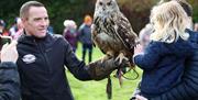 A man holding a falcon and a little girl reaching out to pet the bird