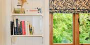 Shelf above bed with books and games