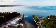 Drone image of The Gateway building on the shore of Lough Neagh
